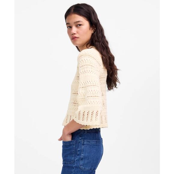 Madewell Scalloped-Trim Sweater Tee Sz XS Sand Crewneck Crop Open Knit Pullover - Picture 2 of 9